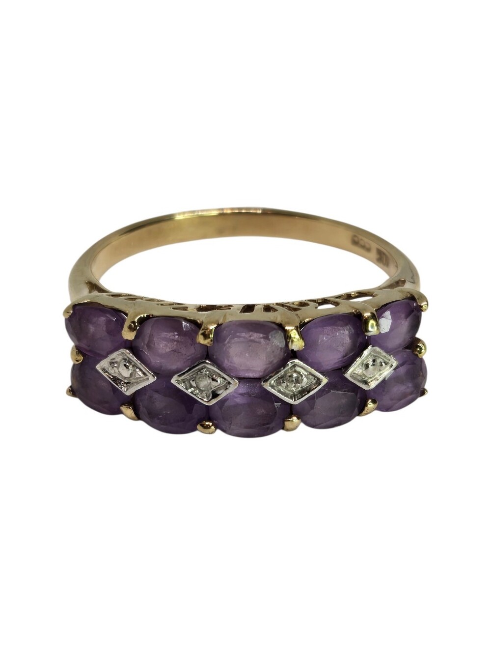 10K Yellow Gold Band Ring with Purple Amethyst Cabochons and Diamond Accents